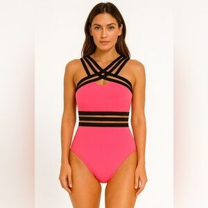 Emme Jordan One Piece Swimsuit Criss Cross Neon Pink Black Mesh Size S‎